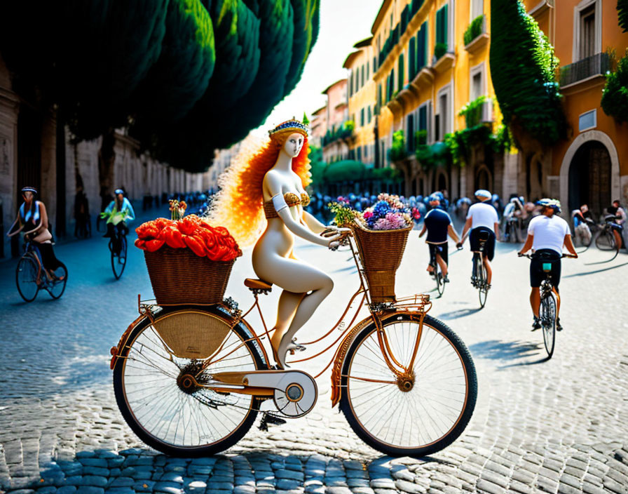 Illustrated woman with fiery hair rides vintage bicycle in European street.