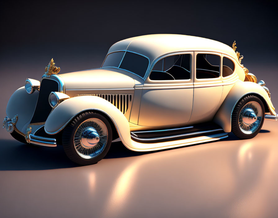 Vintage Car 3D Render: Cream Finish, Golden Accents, Blue Wheels