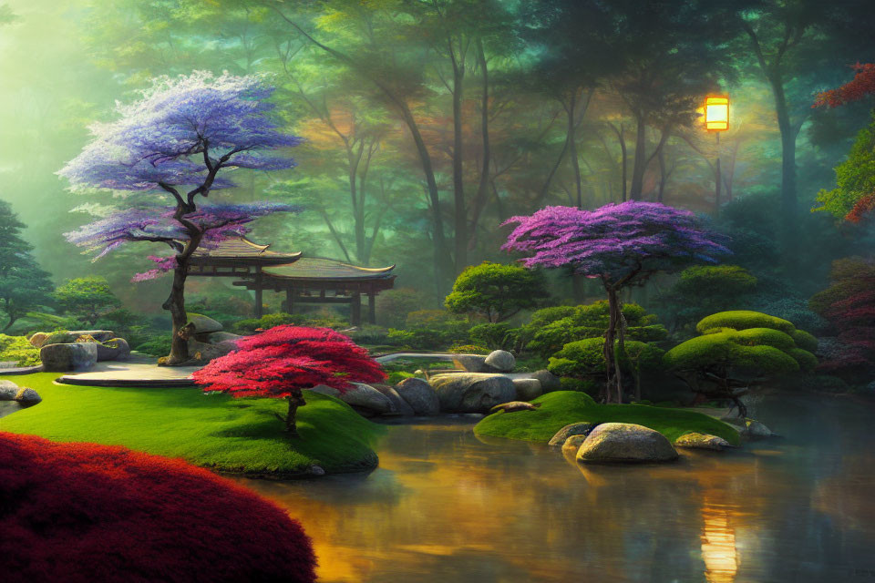 Tranquil Japanese garden with vibrant trees, serene pond, and wooden gazebo