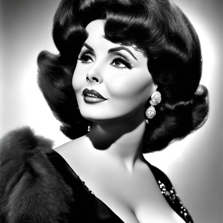 Vintage black and white photo: Woman with voluminous hair, dramatic makeup, sparkling earrings, fur sh