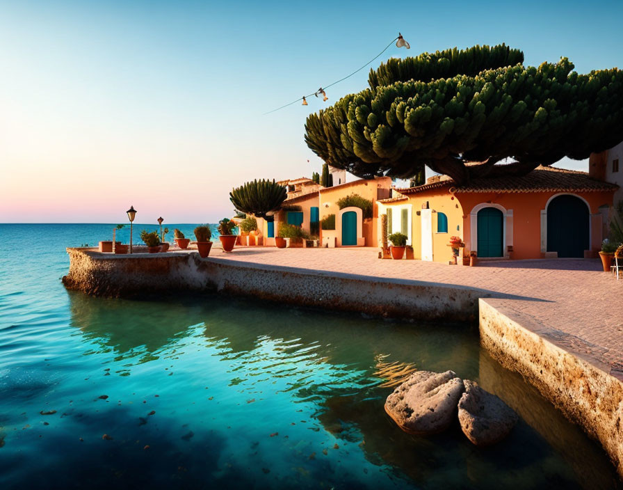 Sunset view of Mediterranean villa with tree, calm sea, clear sky, and stone pier.