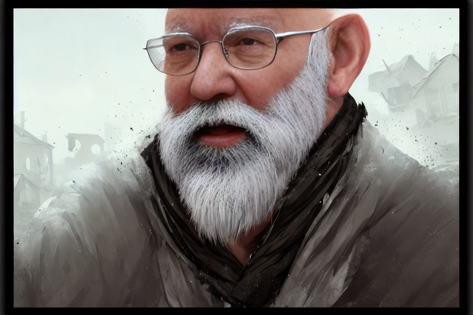 Elder Man with White Beard, Glasses, and Scarf in Misty Background