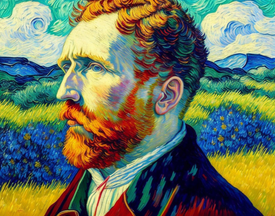 Red-bearded man in blue suit with swirling sky and floral background, post-impressionist style