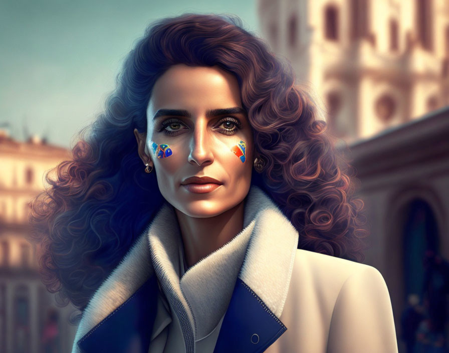 Digital artwork: Woman with voluminous curly hair and blue tear-shaped face stickers, wearing a coat,