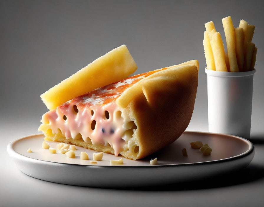 Melted Cheese Slice on Bread with Fries Plate on Gray Background