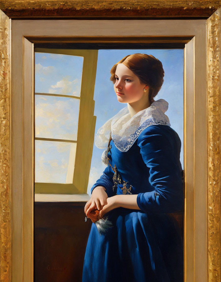 Traditional oil portrait of woman in blue dress by sunlit window