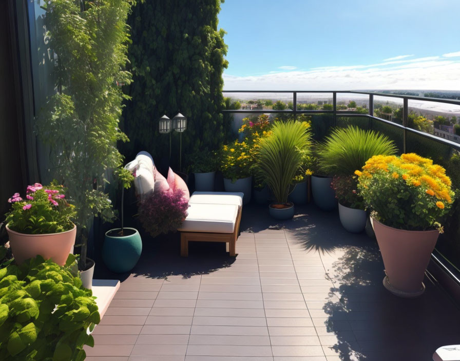 Balcony garden with potted plants, corner sofa, and clear blue sky view