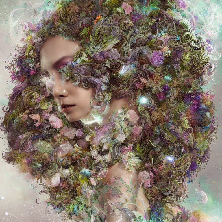 Surreal portrait of woman with floral botanical design