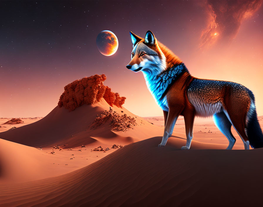 Colorful Fox on Desert Dune with Moon and Starry Sky