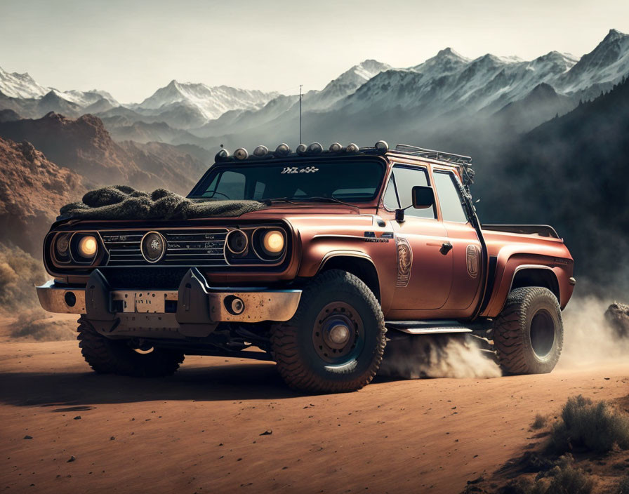 Bronze Pickup Truck Driving in Desert with Snowy Mountains