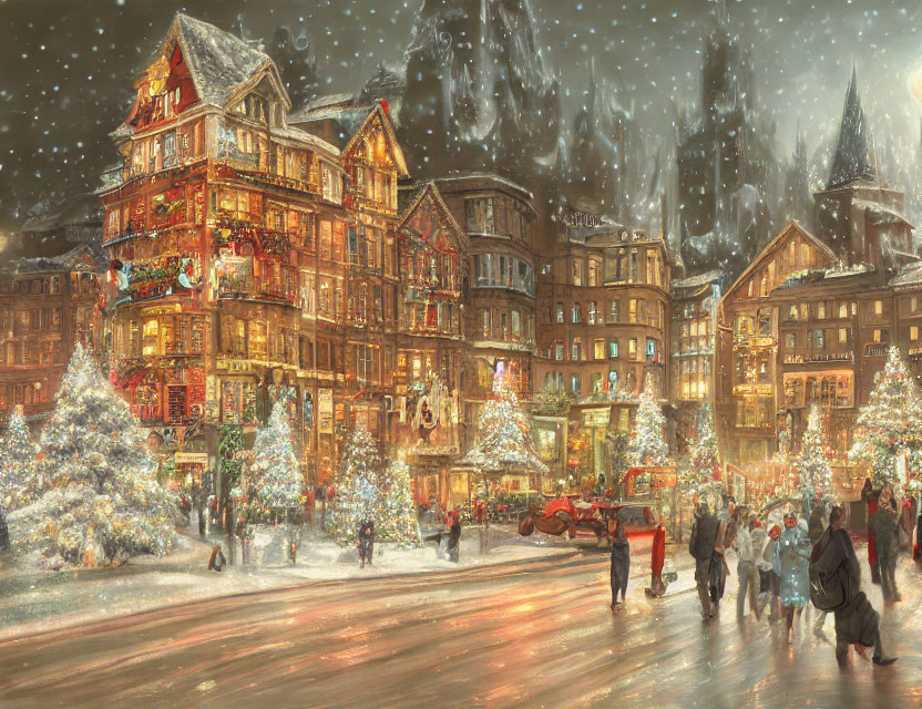 Festive snowy street with illuminated buildings, Christmas trees, people, and vintage car