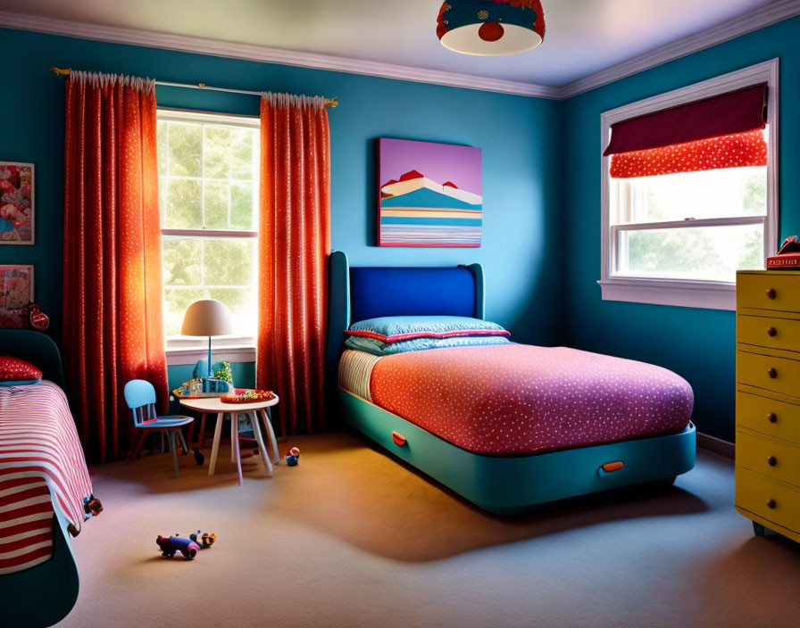 Colorful children's bedroom with blue walls, polka dot cover, orange curtains, red-striped shade