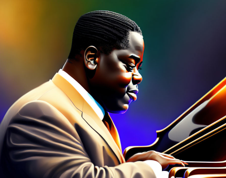 Vibrant digital artwork of man playing piano in warm and cool tones