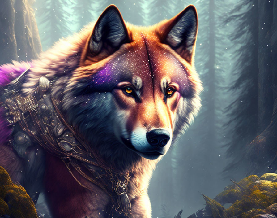 Fantastical armored wolf with cosmic fur in ethereal forest