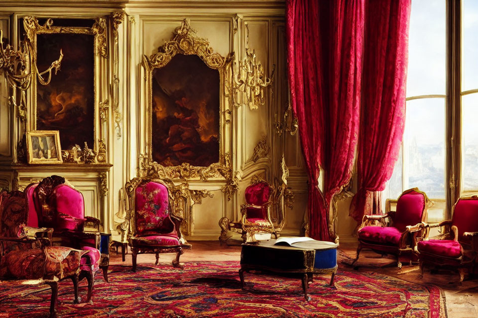 Luxurious Room with Gold Detailing, Red Chairs, Classical Paintings, and Large Windows