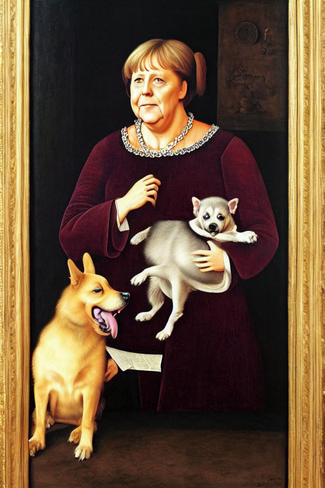 Smiling woman in burgundy outfit with dogs on dark background