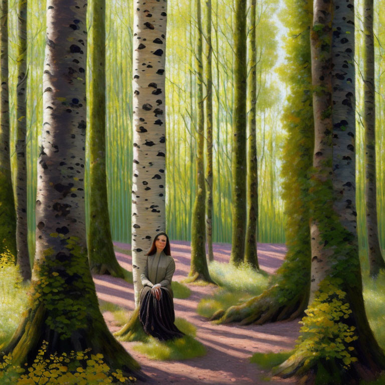 Tranquil painting of woman under sunlit birch trees