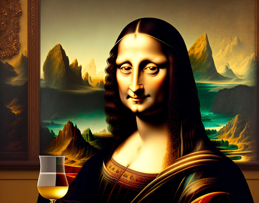 Digital Mona Lisa with exaggerated shadows in stylized landscape with glass