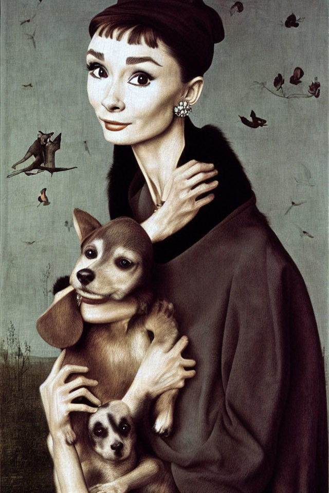 Stylized portrait of woman with elongated neck holding small dog