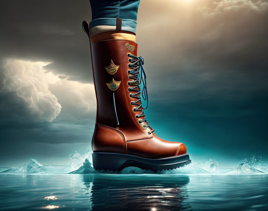 Person in large brown laced boot on reflective water with dramatic sky and ice chunks