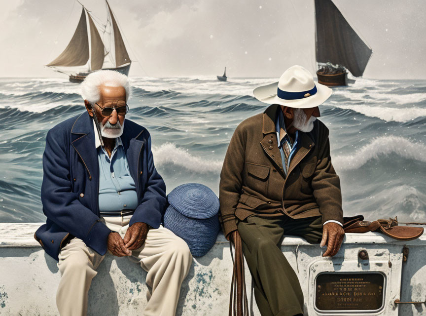 Elderly Men with White Beards on Bench with Sea and Ships Backdrop