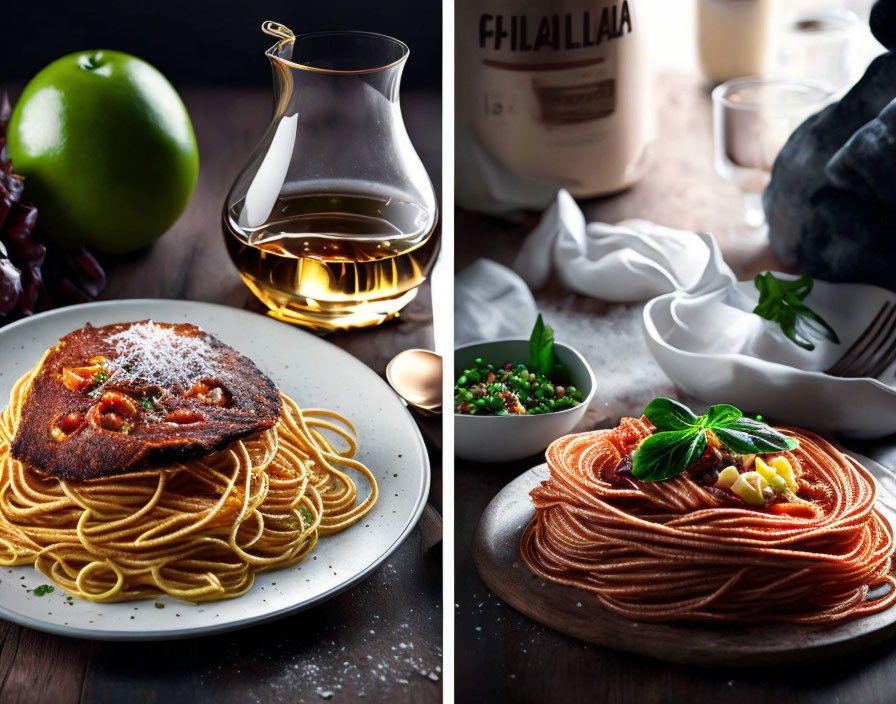 Split image: Tomato & basil spaghetti vs. Meat & parmesan spaghetti with oil and apple