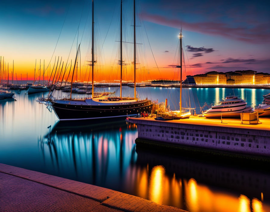 Tranquil harbor with yachts and sailboats at sunset