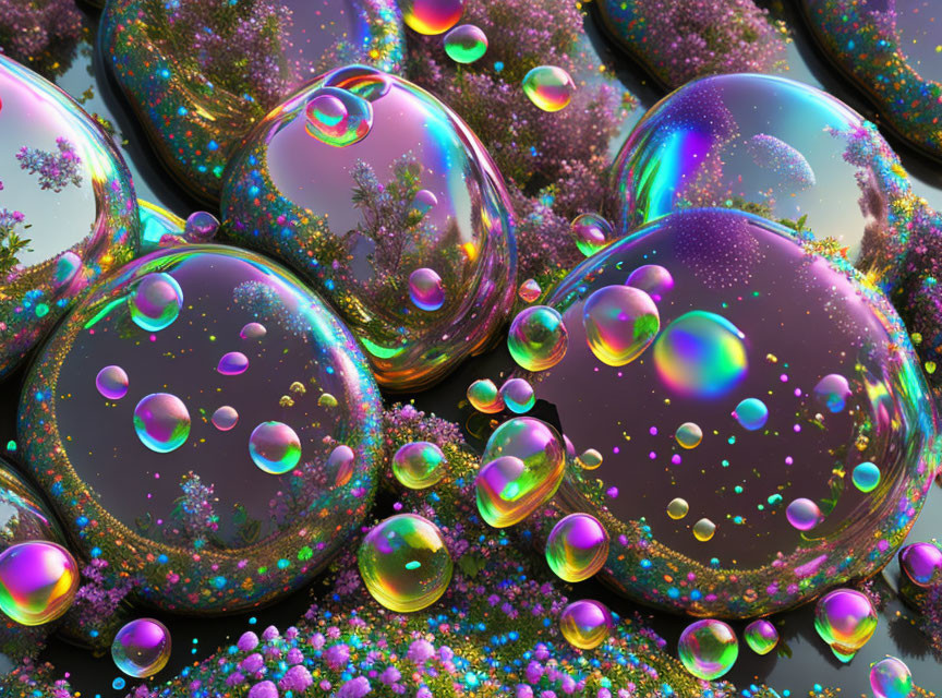 Colorful iridescent bubbles and flowers on shiny surface