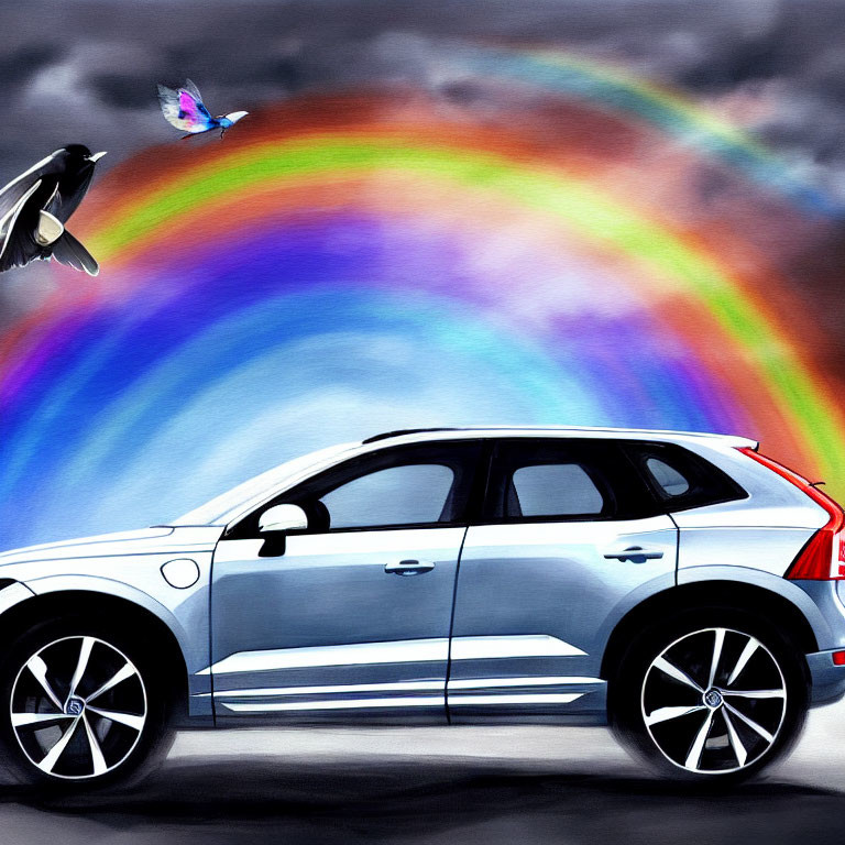 Digital painting featuring modern SUV, rainbow, blue butterfly, and crow