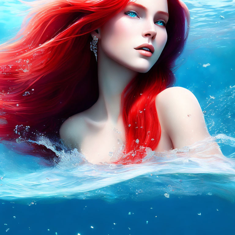 Illustration: Woman with flowing red hair and blue eyes emerging from water