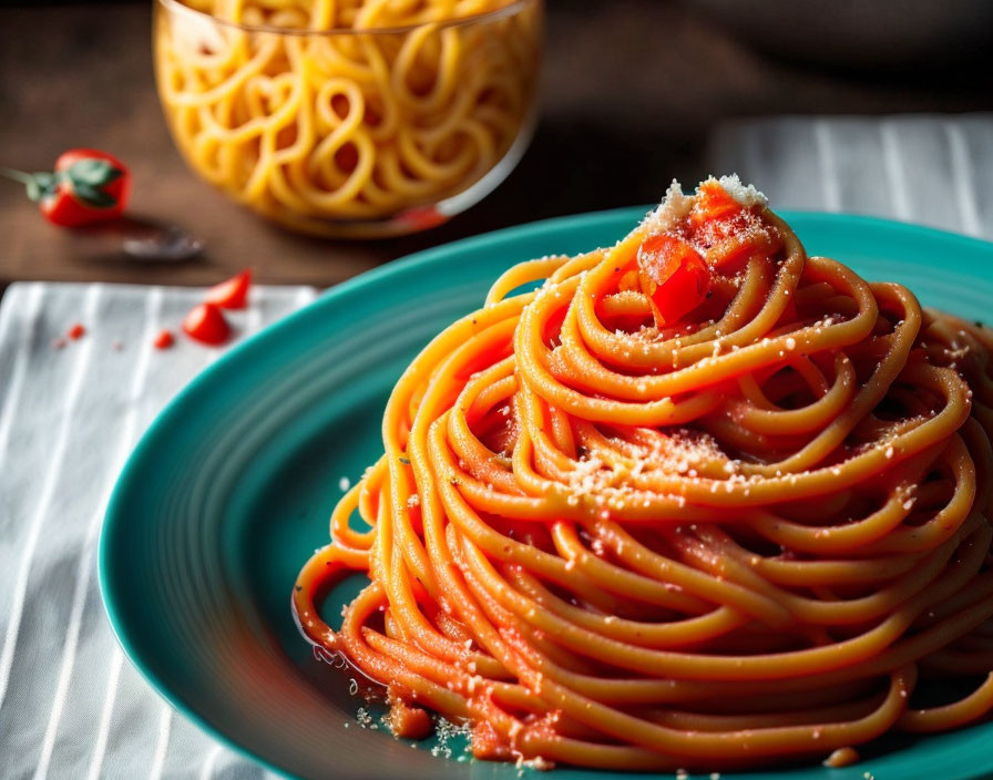 Plate of spaghetti with tomato sauce, cheese, pasta, and cherry tomatoes on wooden table