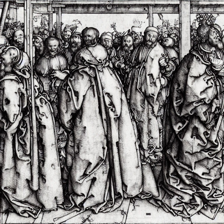 Detailed Black and White Etching of Elaborately Dressed Crowd