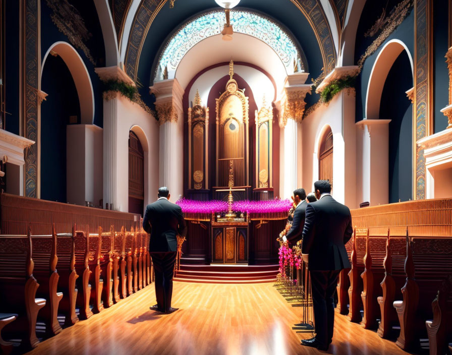 Ornate synagogue interior with elegant chandeliers, stained glass window, and standing individuals