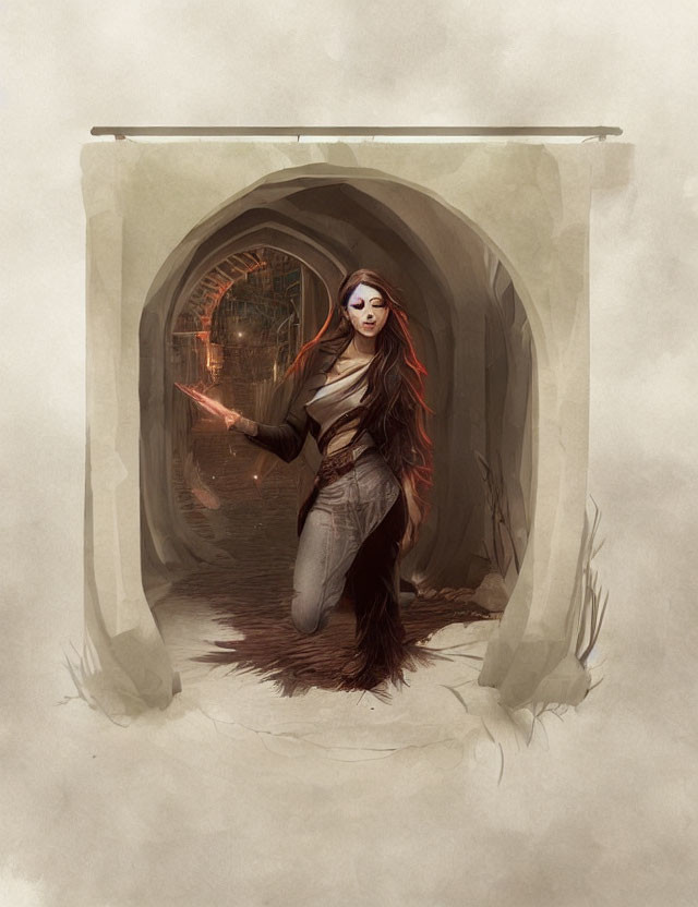 Medieval woman with red hair in arched tunnel with glowing hand