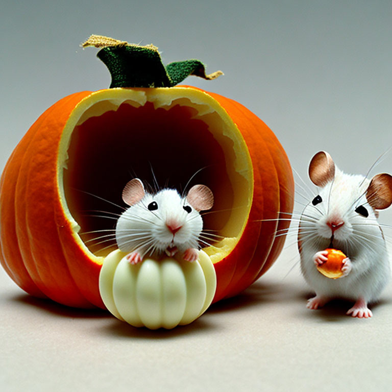 Two Cute Mice with Miniature Pumpkin and Pumpkin Nibbling Scene