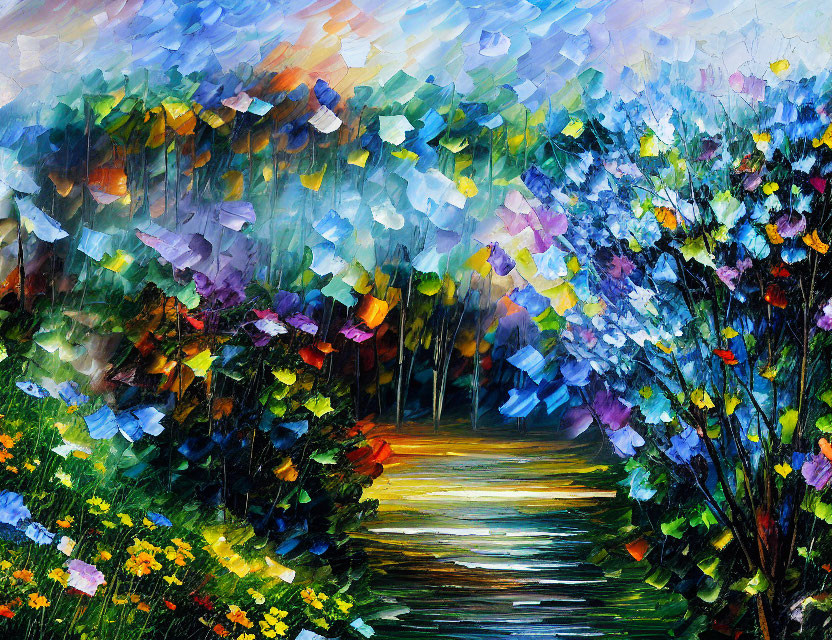 Vibrant garden path painting with lush flowers and sunlight