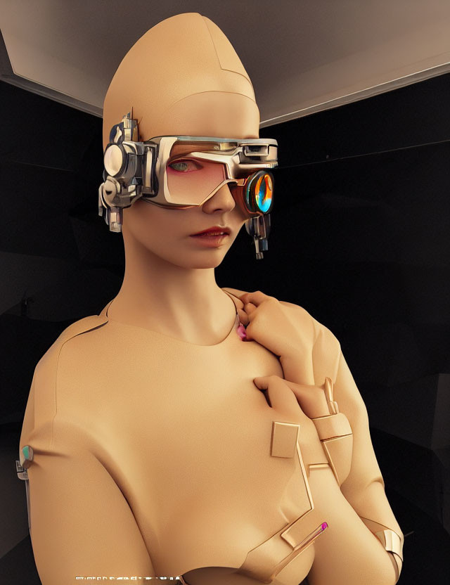 Futuristic female figure in beige bodysuit with advanced headgear