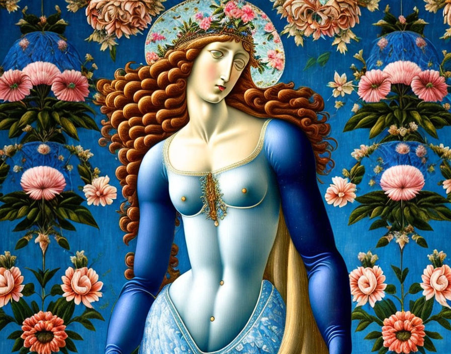 Surrealistic painting of woman in blue outfit on floral background