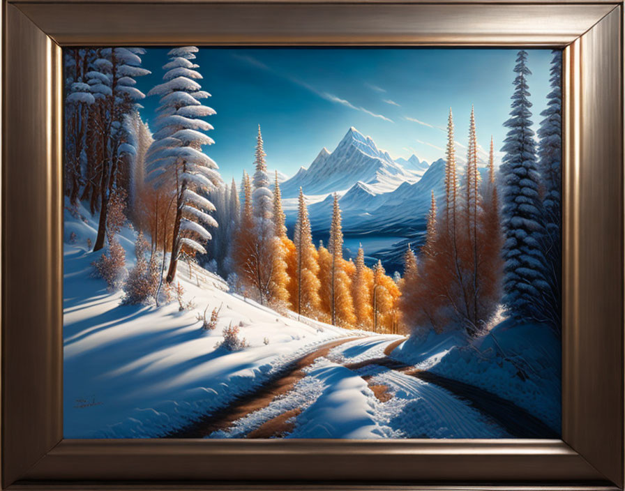 Snowy Pine Trees and Mountain Landscape in Winter Scene