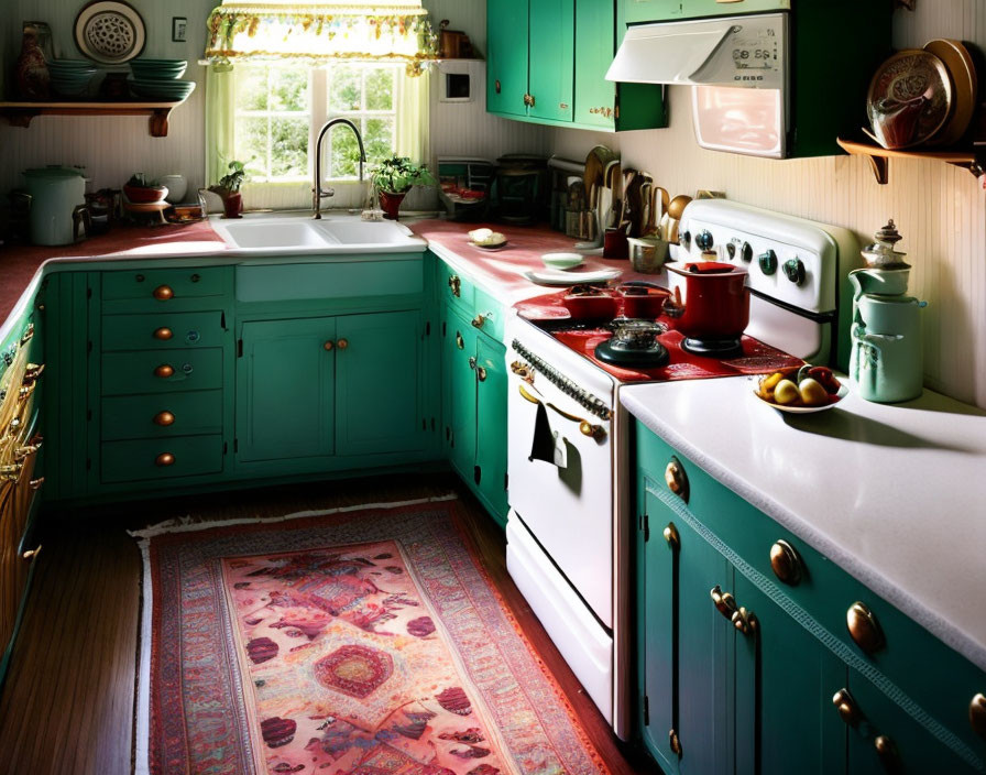 Vintage Kitchen with Green Cabinets & Retro Appliances