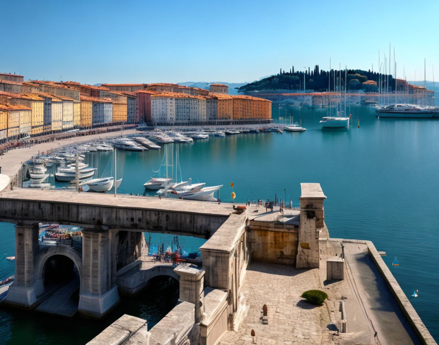 Tranquil Marina with Moored Yachts and Historic Buildings