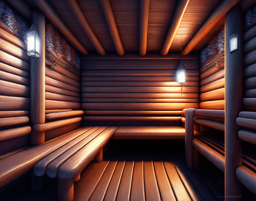 Wood-paneled Sauna Interior with Wall-Mounted Lights & Tiered Benches