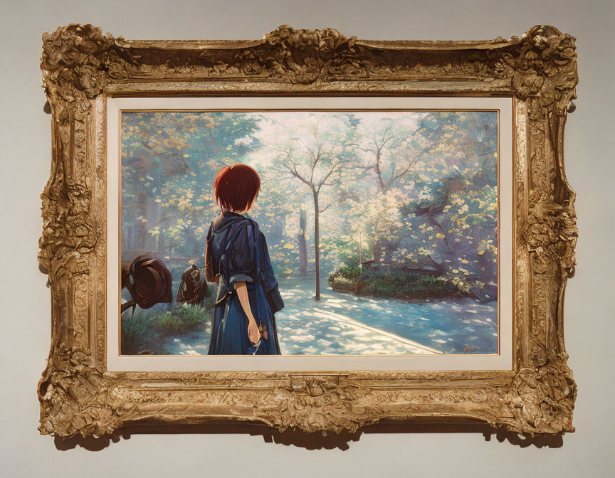 Red-haired person in blue outfit gazes at sunlit forest clearing