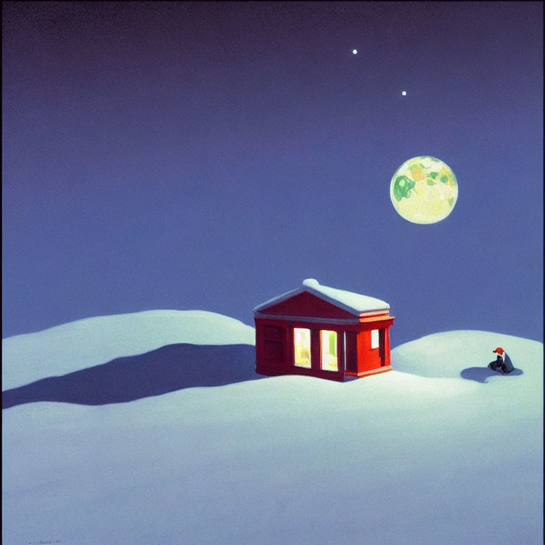 Red Cabin on Snowy Landscape with Glowing Window and Night Sky Scene