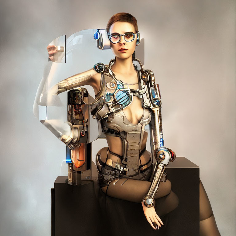 Futuristic female android with visible mechanical parts and stylish glasses sitting against neutral backdrop