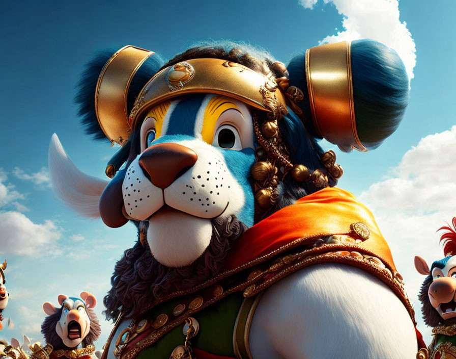 Stylized animated lion in ornate armor under blue sky