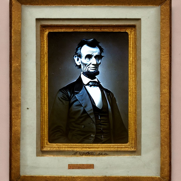 Vintage portrait of bearded man in black suit and bow tie in pink-walled setting