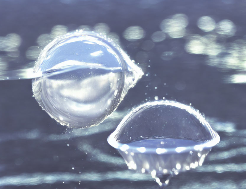 Translucent bubble forming on wand with burst bubble and dripping liquid on bokeh background