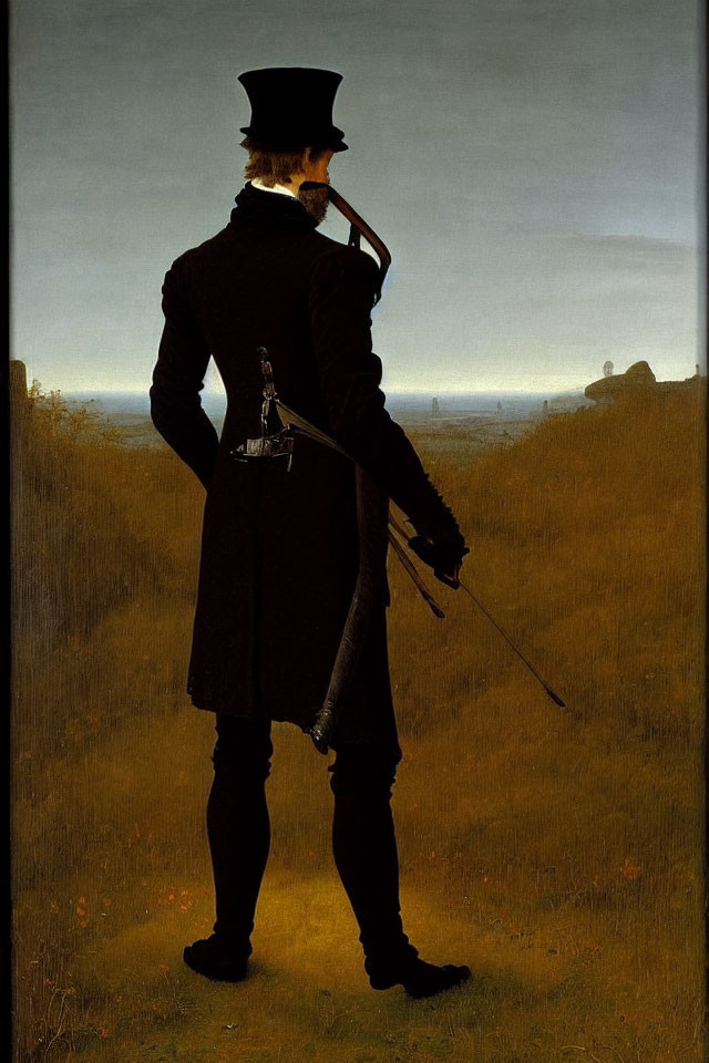 19th-Century Man in Top Hat with Rifle in Landscape