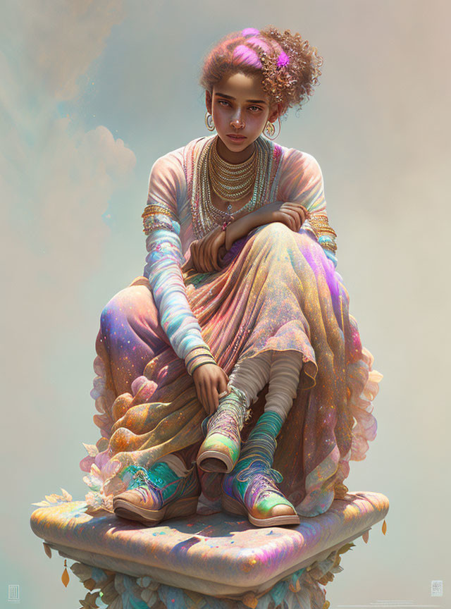 Digital artwork of young woman with curly hair seated on cloud pedestal in iridescent attire with necklaces